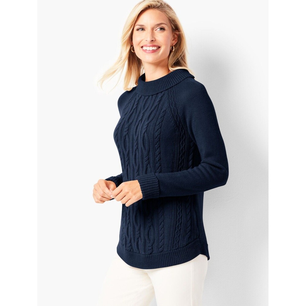 Talbots Cotton Cable Knit Portrait Collared Sweater Navy Blue Size Medium EUC